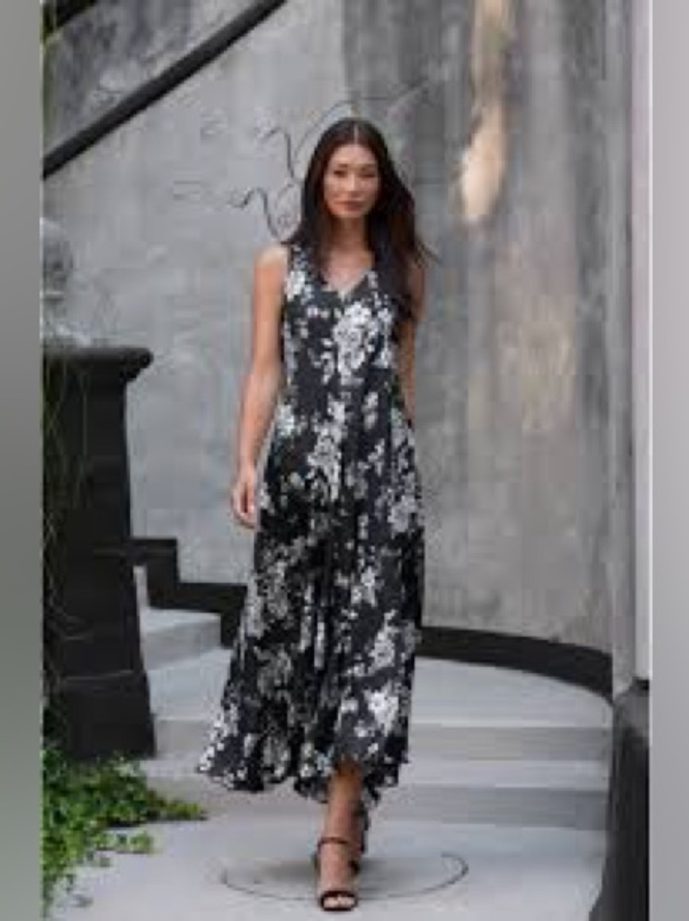 Johnny Was Black & White Floral V-Neck Maxi Dress